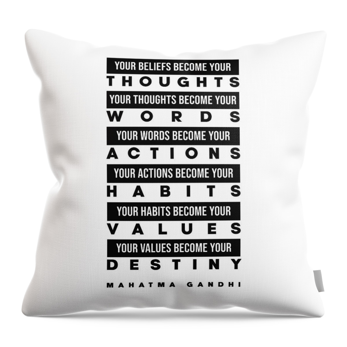 Mahatma Gandhi Throw Pillow featuring the digital art Mahatma Gandhi Quote - Your Beliefs become your thoughts 2 - Minimal, Typography Print - Inspiring by Studio Grafiikka