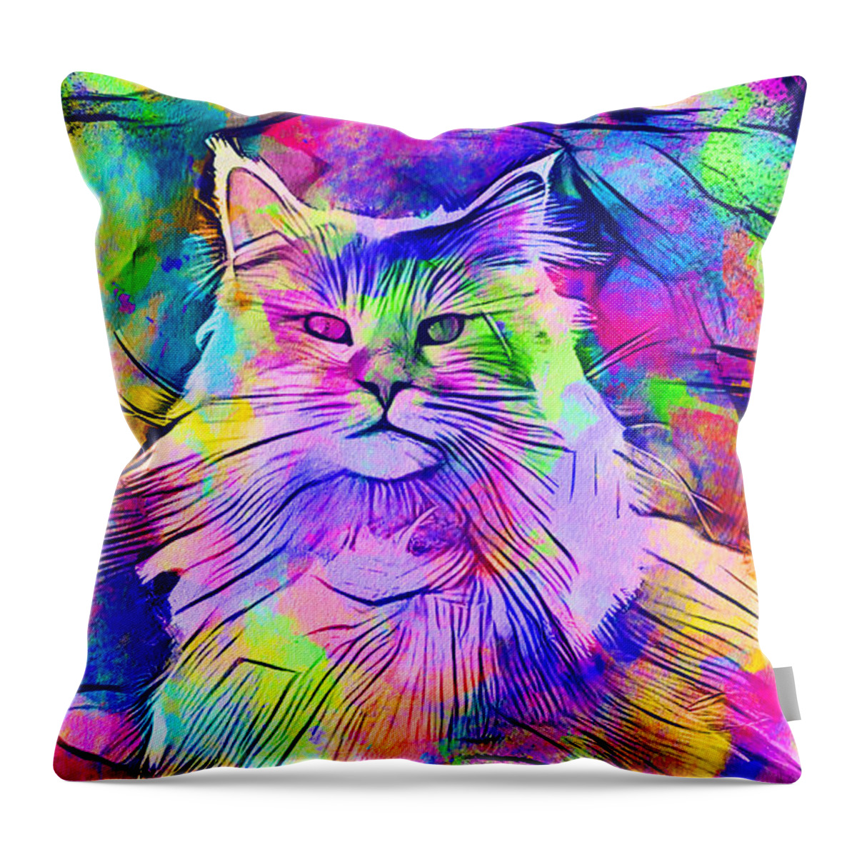 Maine Coon Throw Pillow featuring the digital art Maine Coon cat looking at camera - colorful lines digital painting by Nicko Prints