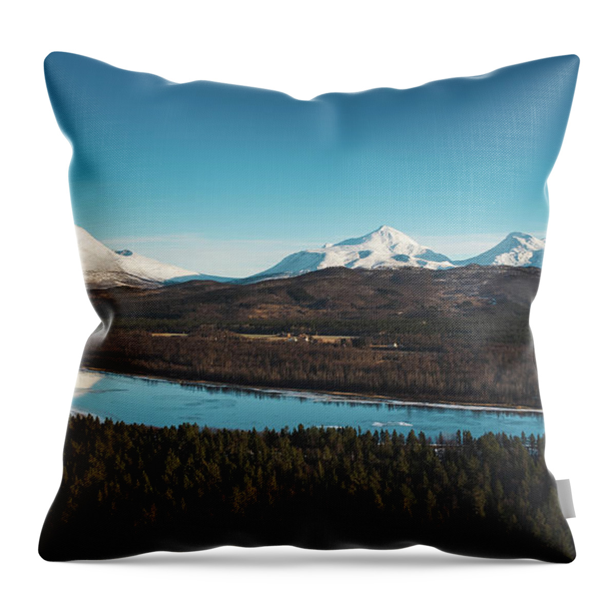 Touristic Throw Pillow featuring the photograph Malselva River with a reflection on the snow-covered hills by Vaclav Sonnek
