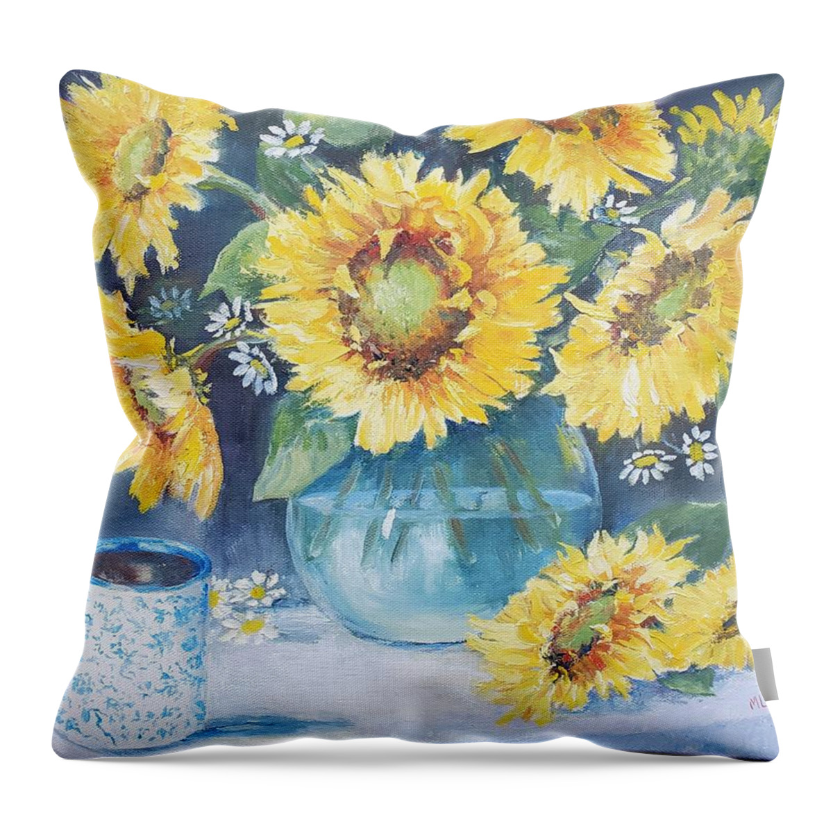 Sunflowers Autumn Coffee Harvest Throw Pillow featuring the painting Mama's Cup with Sunflowers by ML McCormick