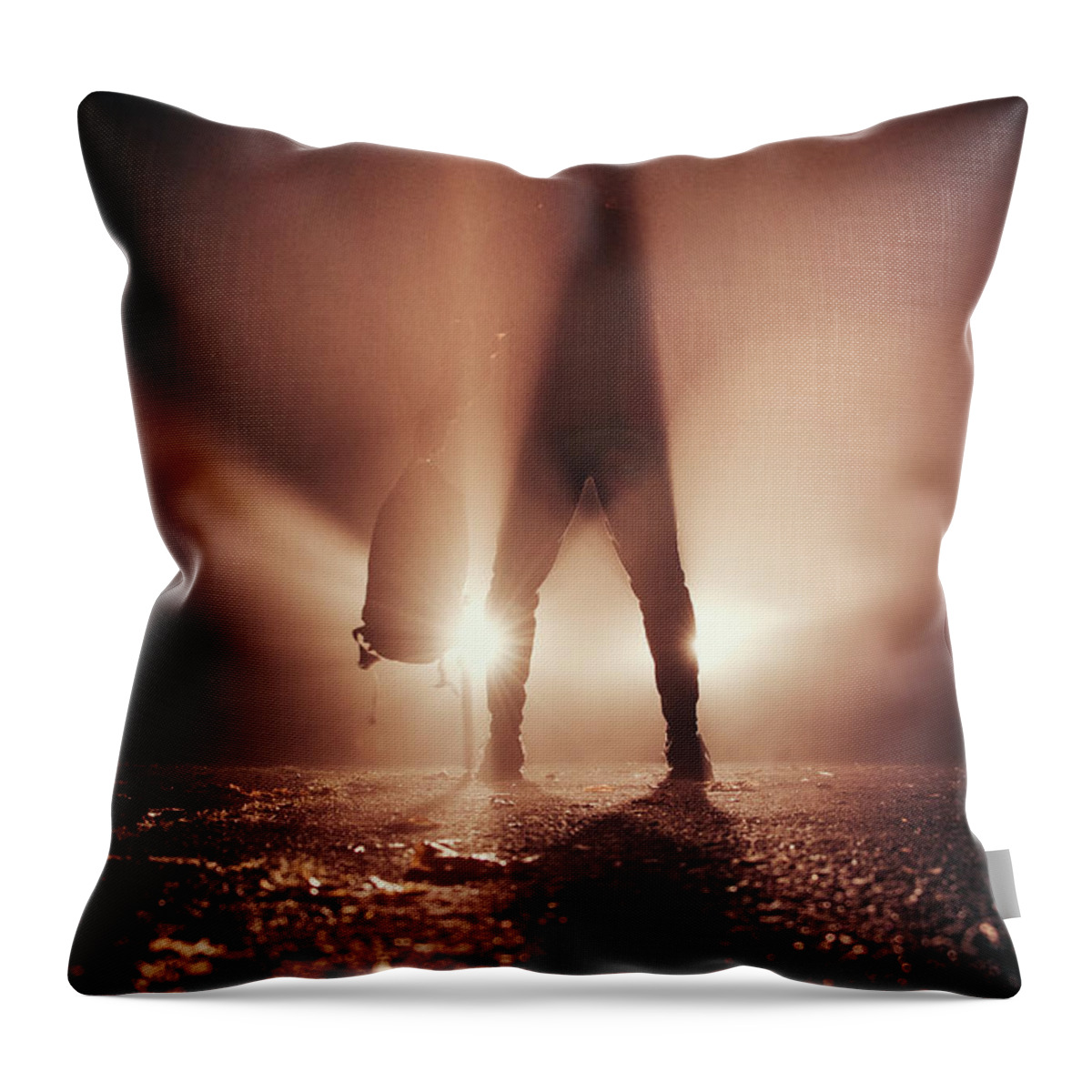 Figure Throw Pillow featuring the photograph Man stands in car lights by Vaclav Sonnek