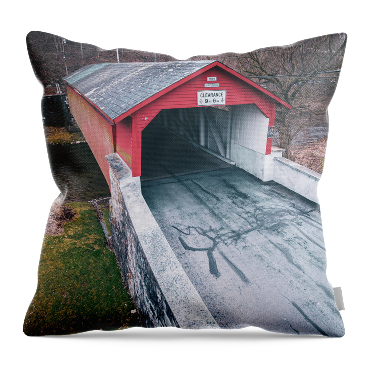 Above Throw Pillow featuring the photograph Manassas Guth Covered Bridge Elevated View by Jason Fink