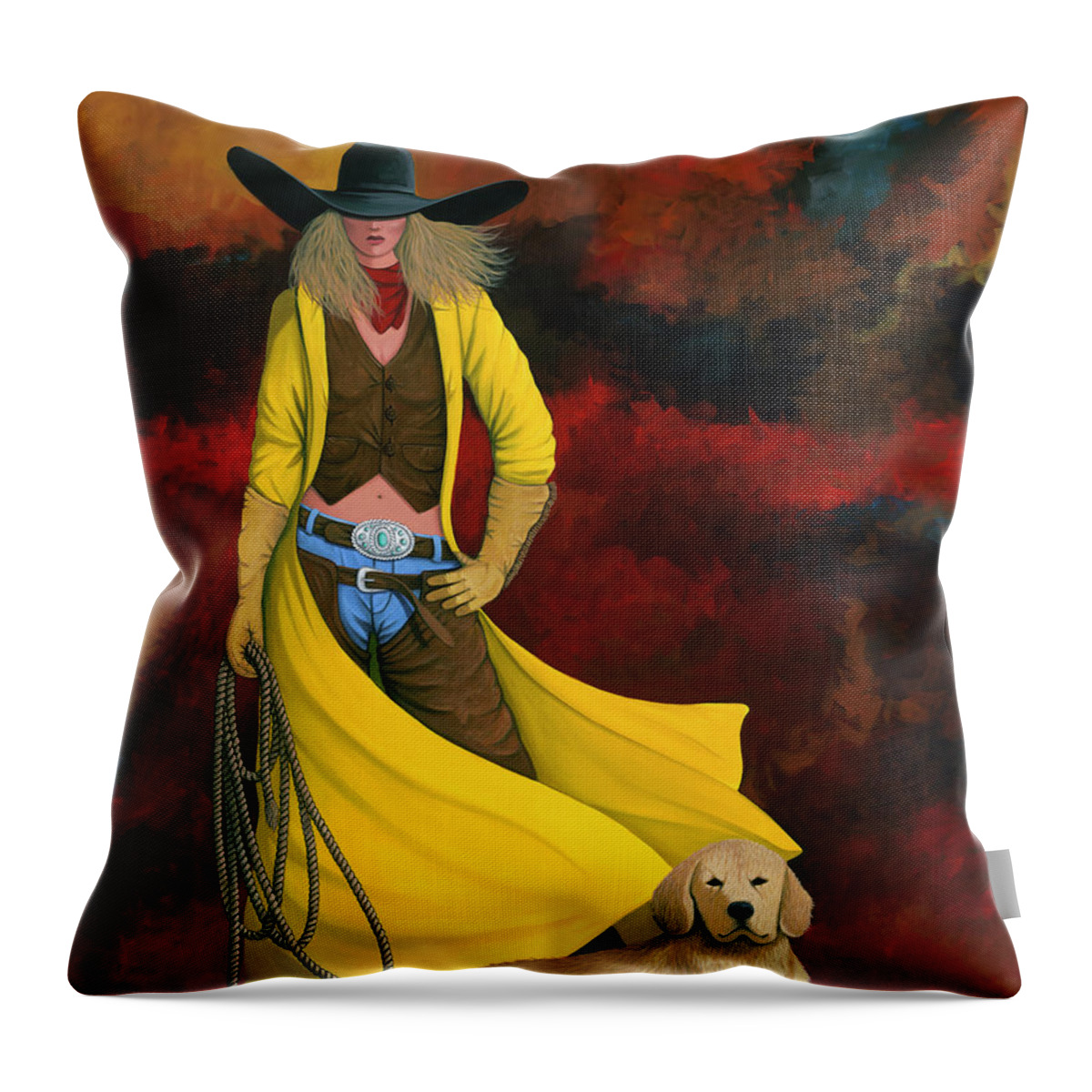 Cowgirl Girl And Dog Throw Pillow featuring the painting Man's Best Friend by Lance Headlee