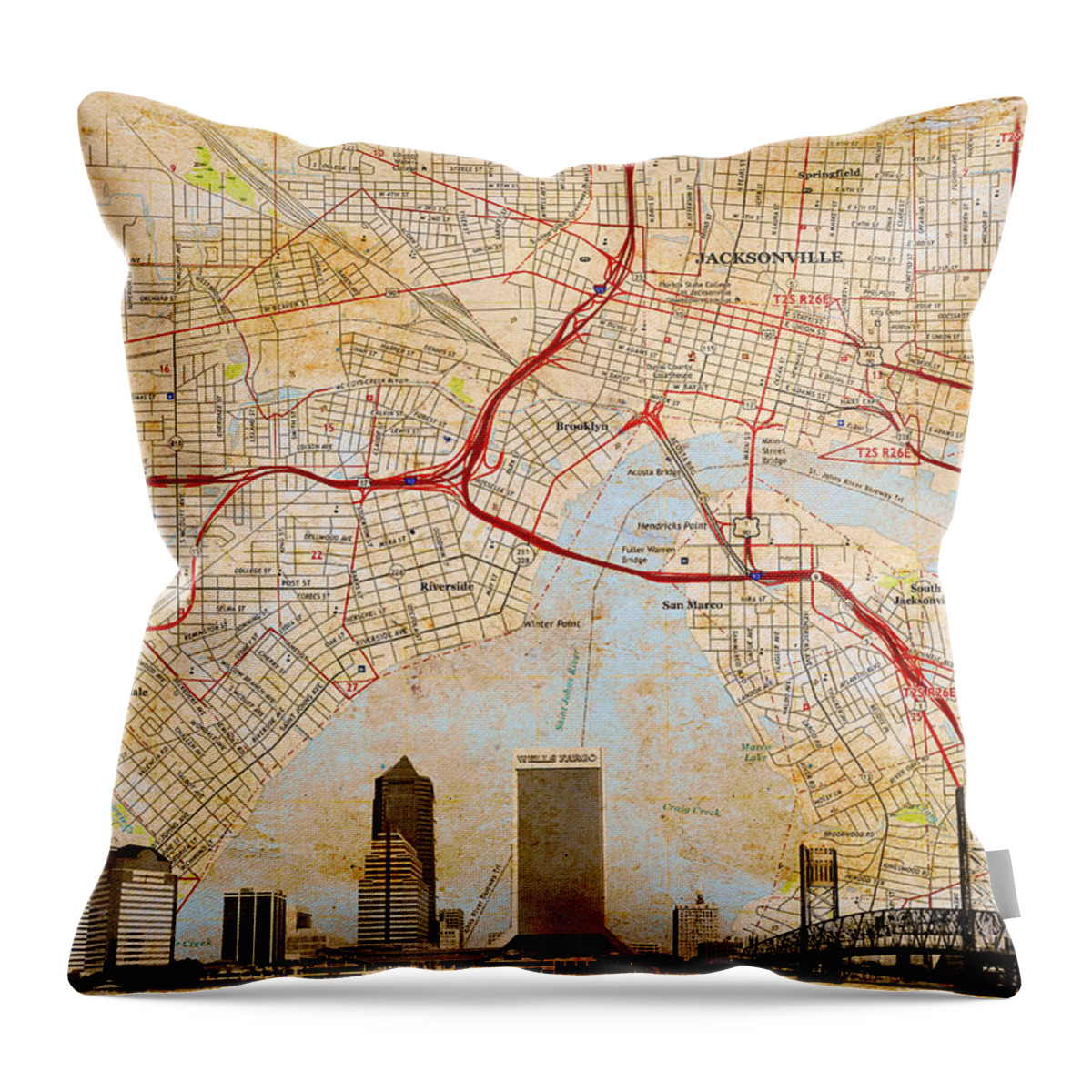 Map Throw Pillow featuring the digital art Map of Downtown Jacksonville, Florida, and skyline blended on old paper by Nicko Prints