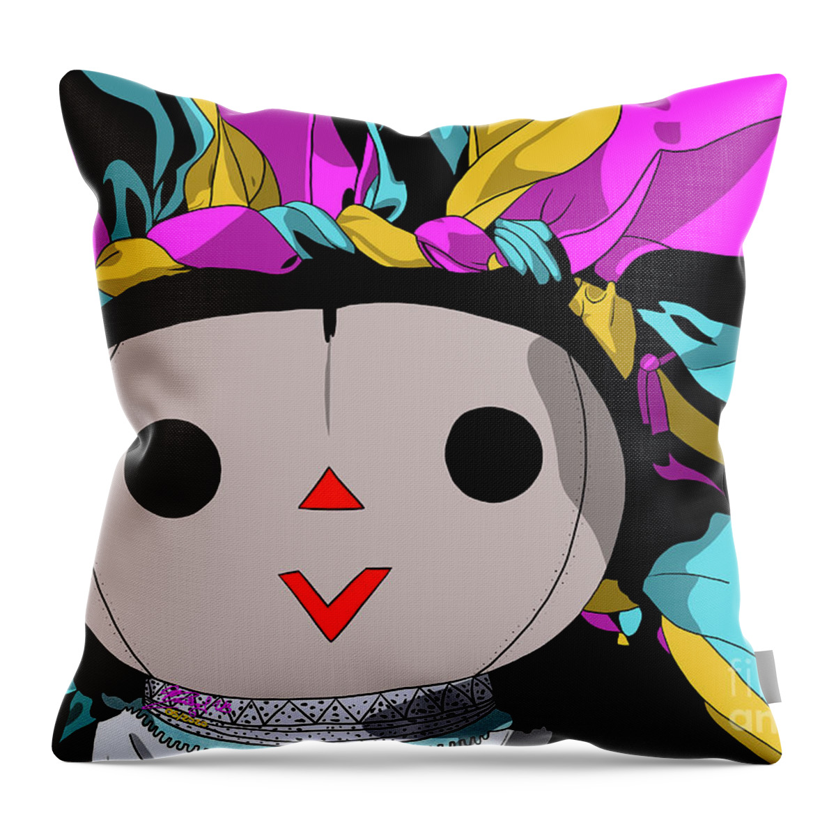 Mazahua Throw Pillow featuring the digital art Maria Doll yellow pink turquoise by Marisol VB