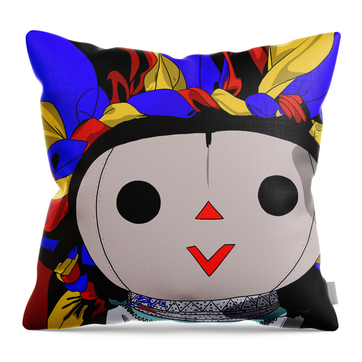 Mazahua Throw Pillow featuring the digital art Maria Doll yellow blue red by Marisol VB