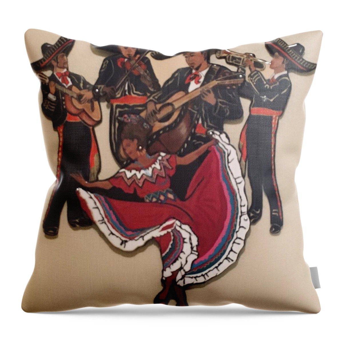 Mariachi Musicians Throw Pillow featuring the mixed media Mariachis and Folklorico Dancer by Bill Manson
