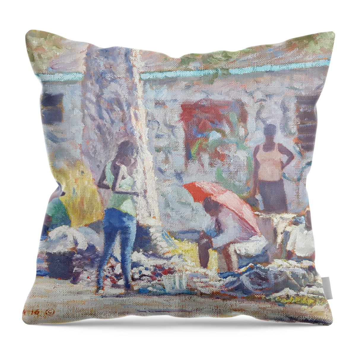 Market Day Throw Pillow featuring the painting Market Day by Ritchie Eyma