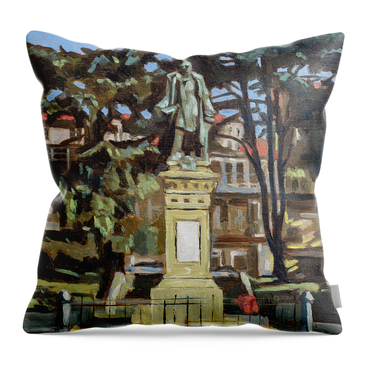 Square Throw Pillow featuring the painting Marquees de Amboage Statue and Plaza Ferrol Galicia Spain by Pablo Avanzini