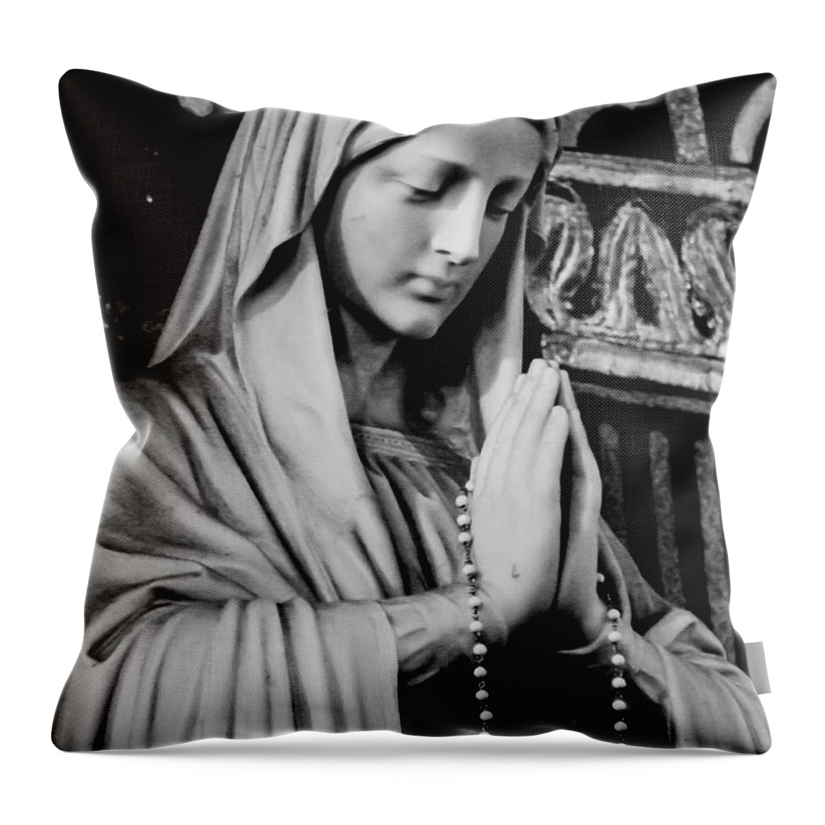 Mary Statue Church Rosary B&w Throw Pillow featuring the photograph Mary by John Linnemeyer