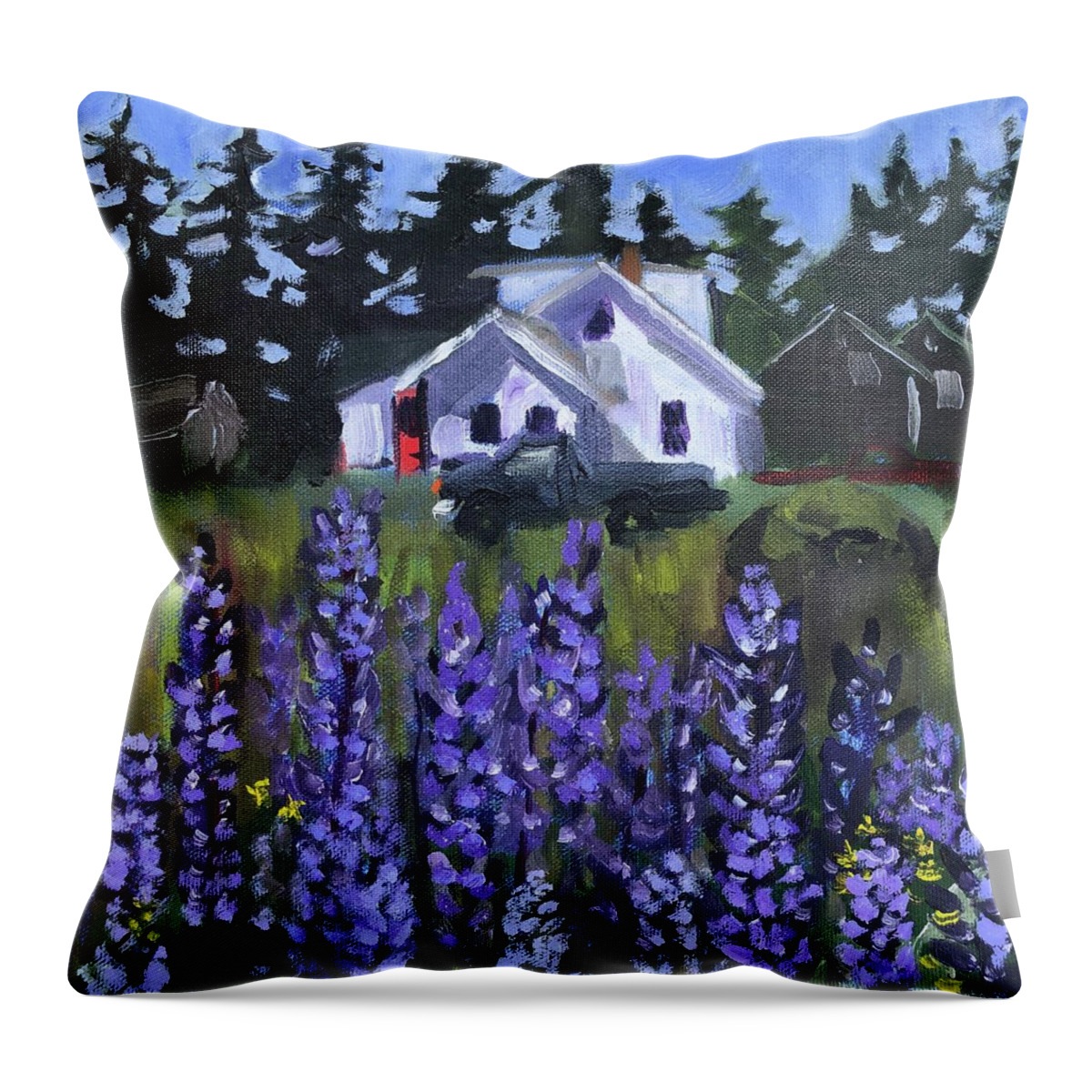 Maine Throw Pillow featuring the painting Matinicus House with Lupine by Cyndie Katz