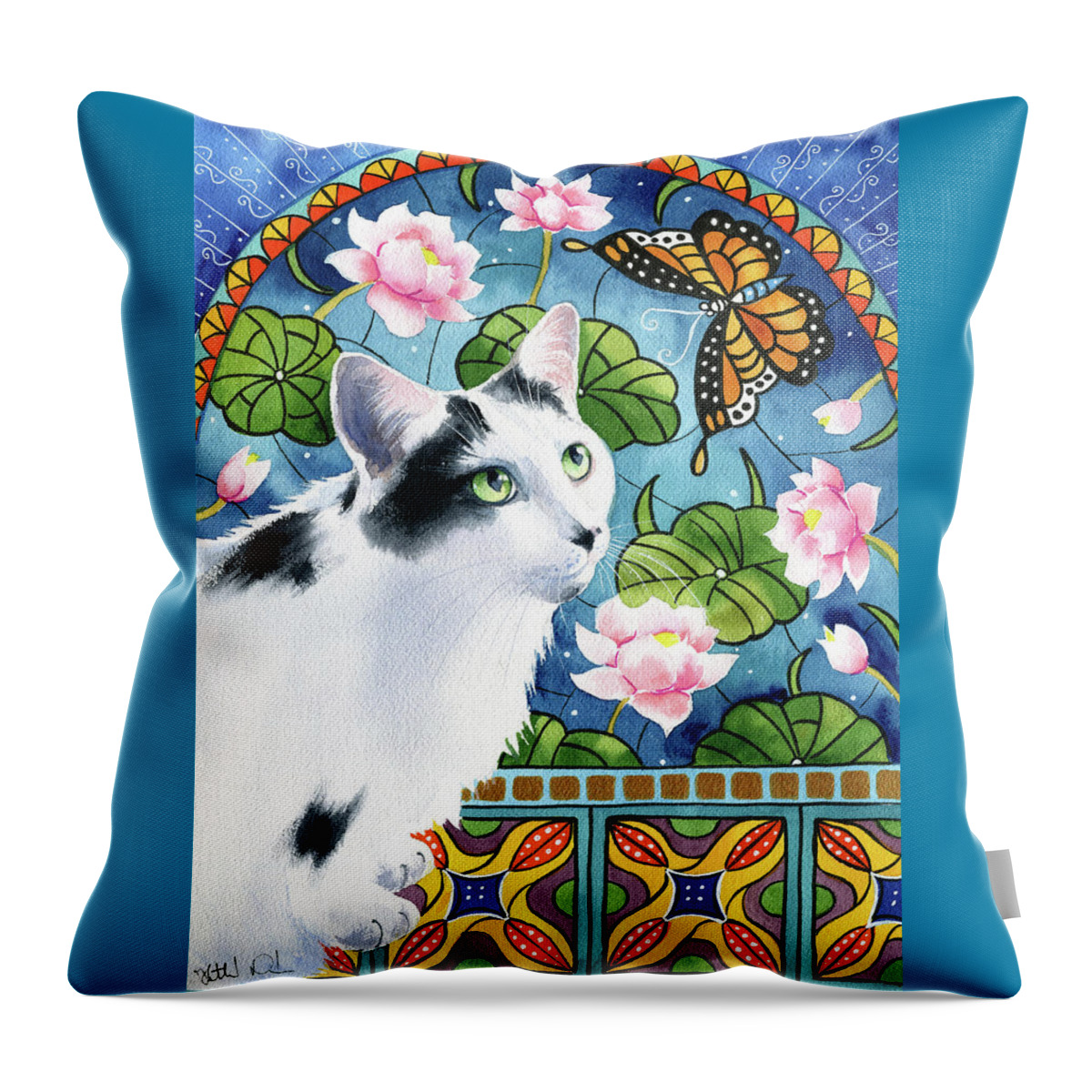 Tuxedo Cats Throw Pillow featuring the painting Maximillion With Waterlilies Tuxedo Cat Painting by Dora Hathazi Mendes