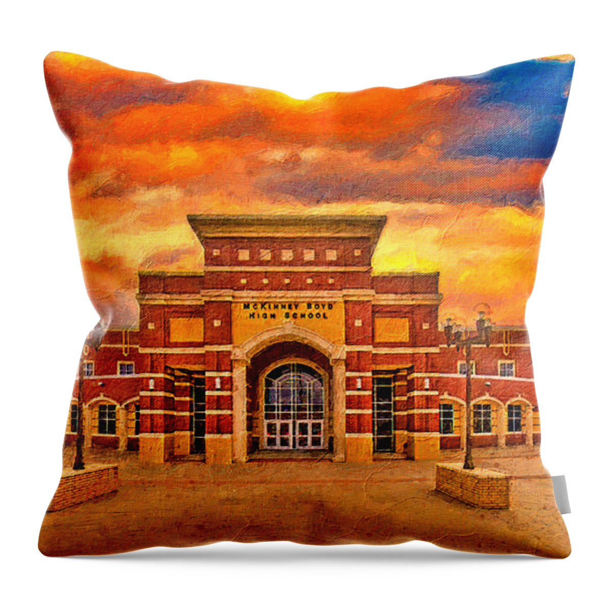 Mckinney Boyd High School Throw Pillow featuring the digital art McKinney Boyd High School at sunset - digital painting by Nicko Prints