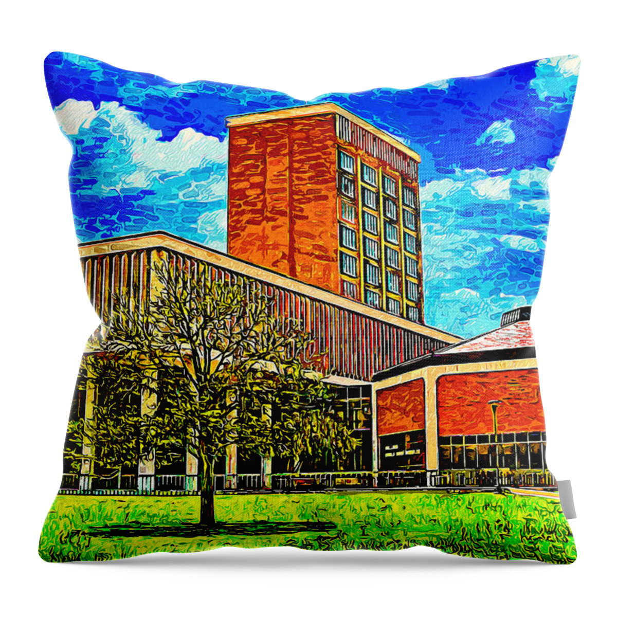Texas Tech University College Of Media & Communication Throw Pillow featuring the digital art Media and Communications Building of the Texas Tech University - impressionist painting by Nicko Prints