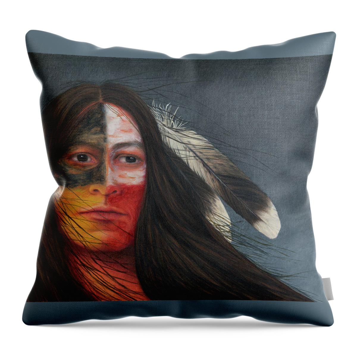 Native American; American Indian; Eagle Feathers; Medicine Wheel; Long Flowing Hair Throw Pillow featuring the painting Medicine Man by Valerie Evans