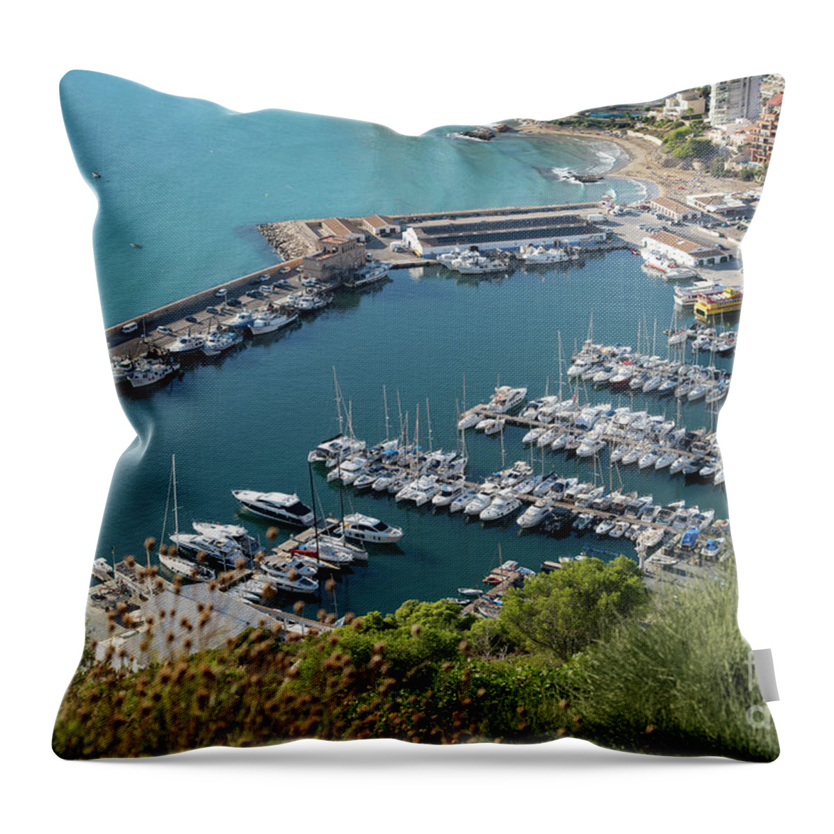 Mediterranean Throw Pillow featuring the photograph Mediterranean coast and port in Calpe 1 by Adriana Mueller