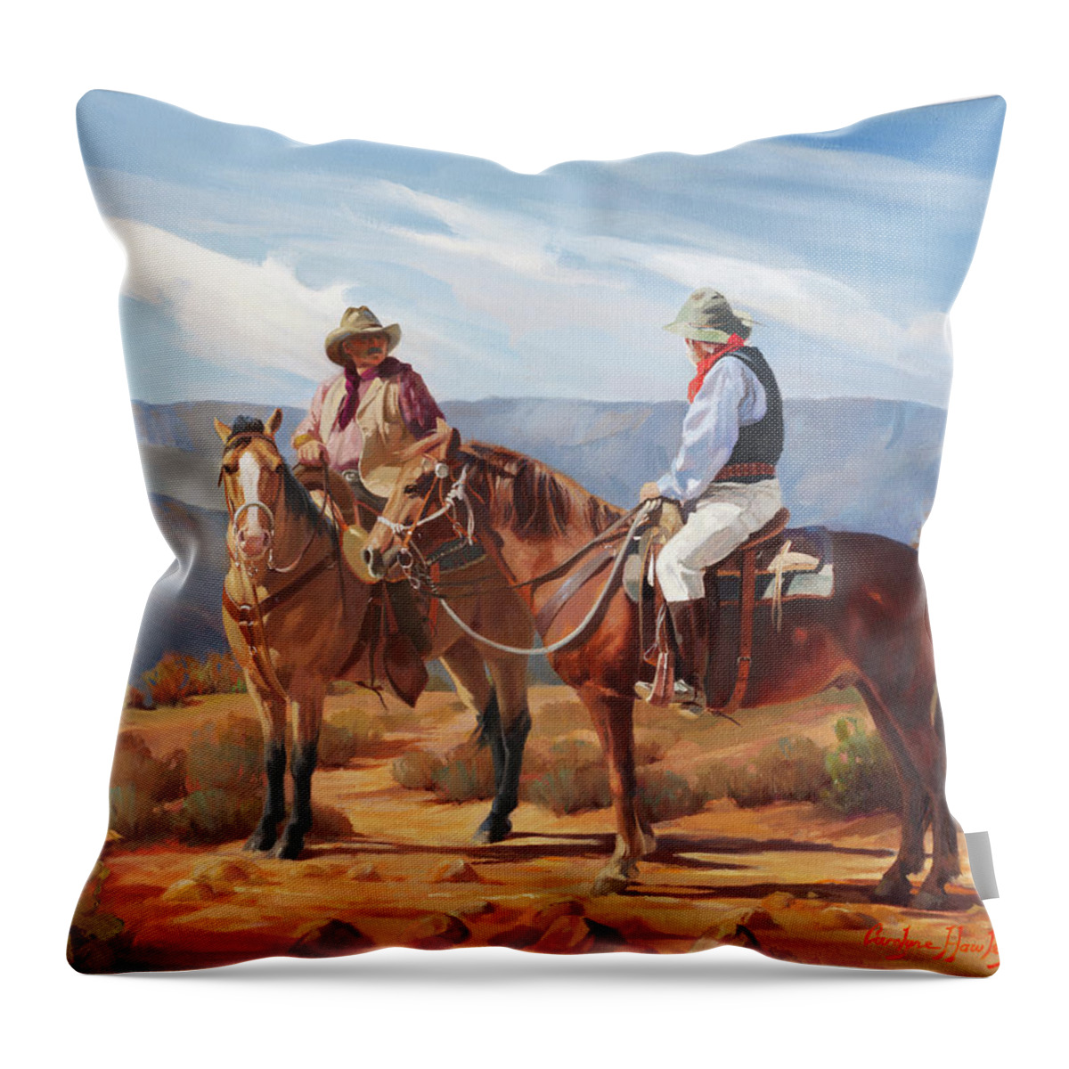 Western Art Throw Pillow featuring the painting Meeting on Rim Trail by Carolyne Hawley