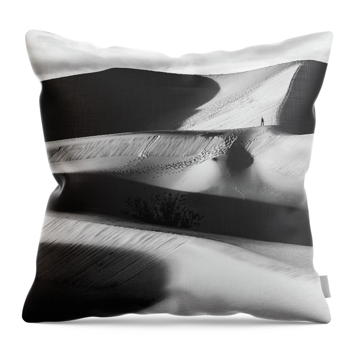 American Landscape Throw Pillow featuring the photograph Lone Hiker on Dunes bw by Jonathan Nguyen