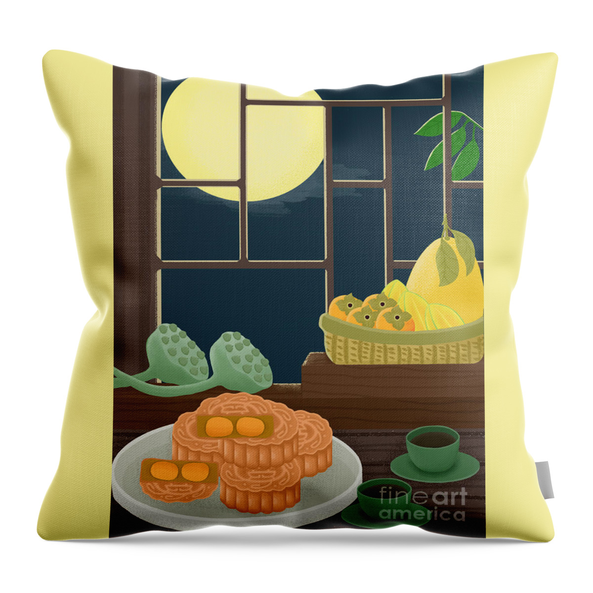 Moon Cakes Throw Pillow featuring the drawing Mid-Autumn Festival Moon Cake Illustration by Min Fen Zhu