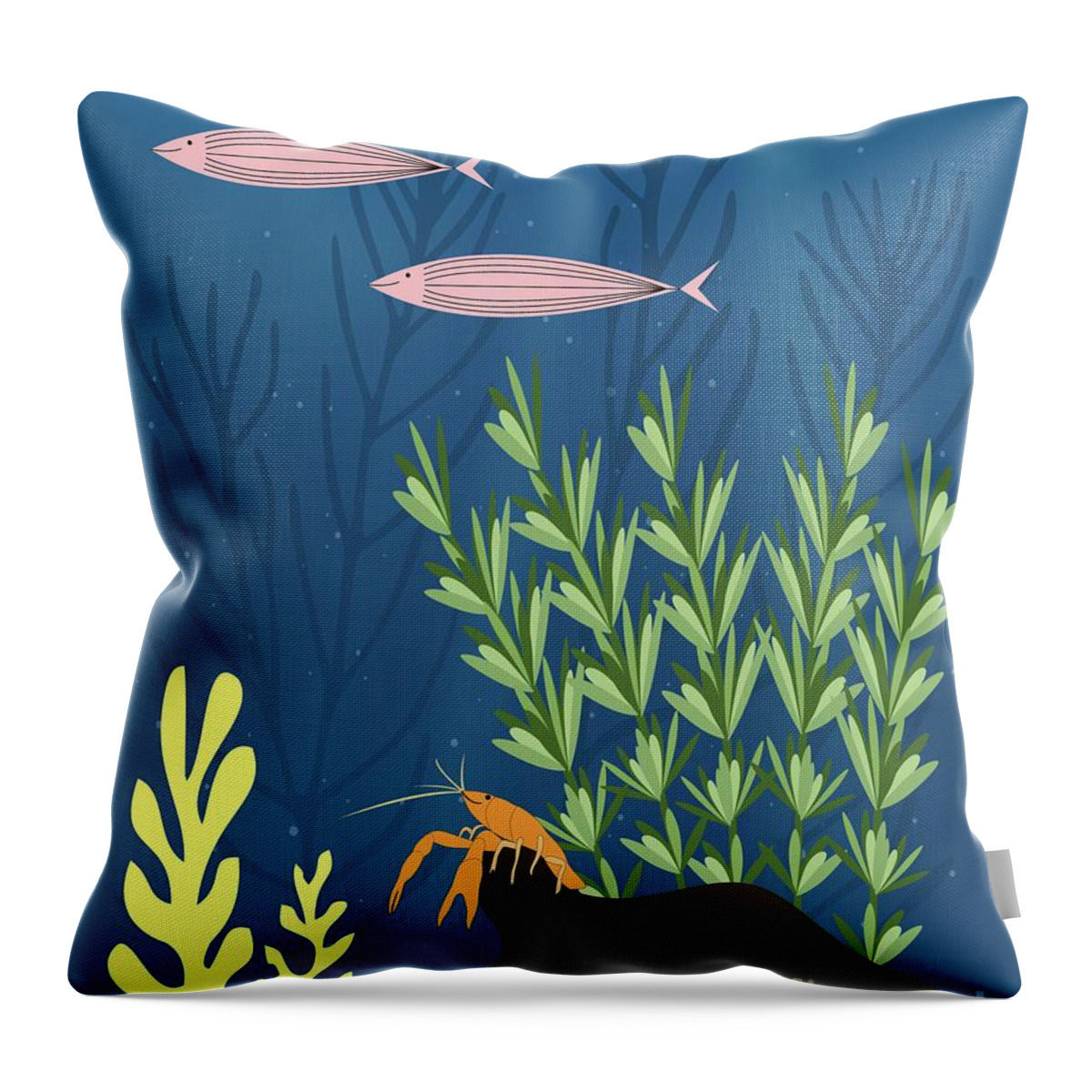 Mid Century Throw Pillow featuring the digital art Mid Century Aquarium with Lobster by Donna Mibus