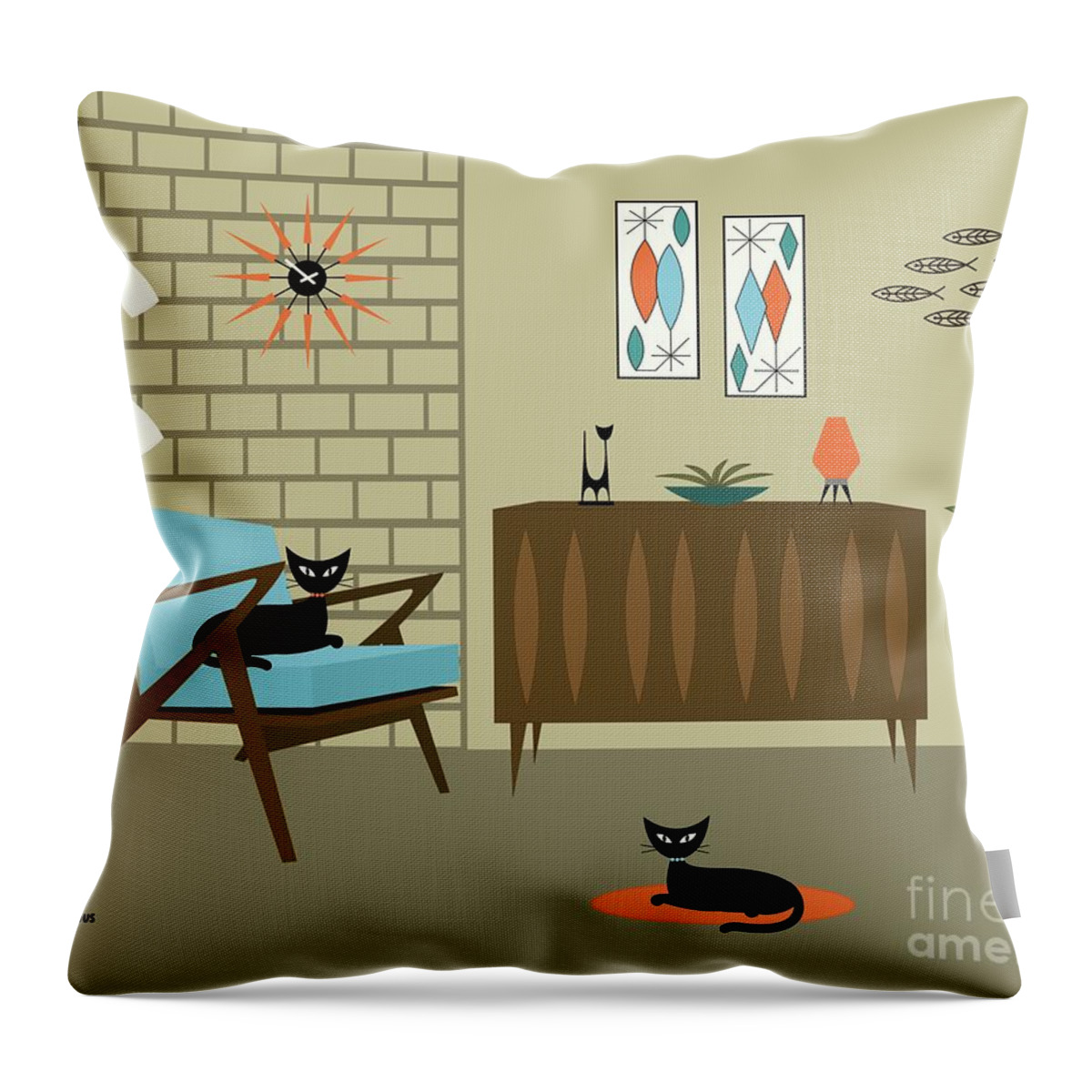 Z Chair Throw Pillow featuring the digital art Mid Century Blue Z Chair Room by Donna Mibus