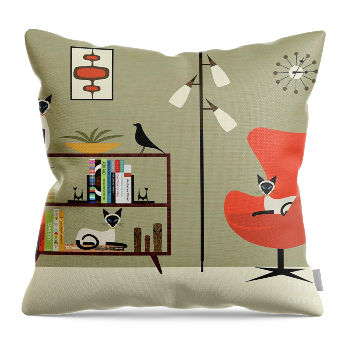 Mid Century Modern Throw Pillow featuring the digital art Mid Century Bookcase Room with Siamese by Donna Mibus