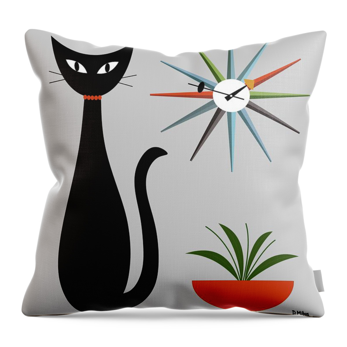 Mid Century Cat Throw Pillow featuring the digital art Mid Century Cat with Starburst Clock on Gray by Donna Mibus