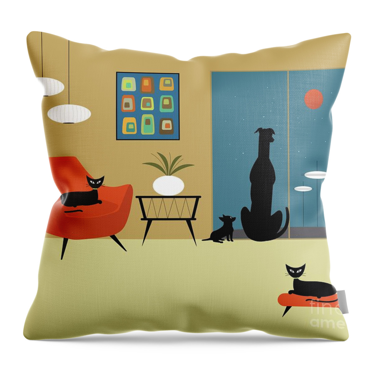 Mid Century Cat Throw Pillow featuring the digital art Mid Century Cats and Dogs by Donna Mibus