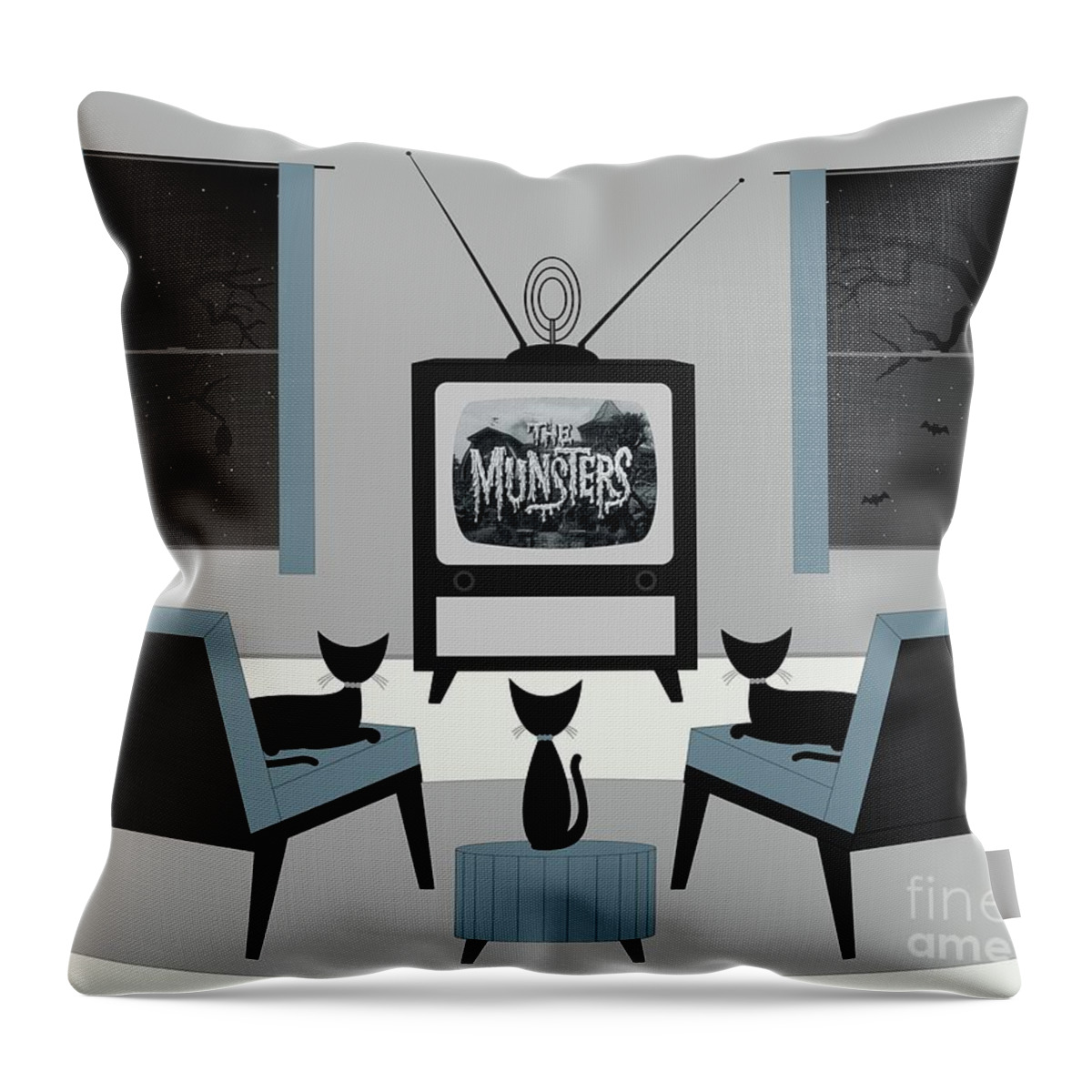 Cats Watch Tv Throw Pillow featuring the digital art Mid Century Cats Watch the Munsters by Donna Mibus