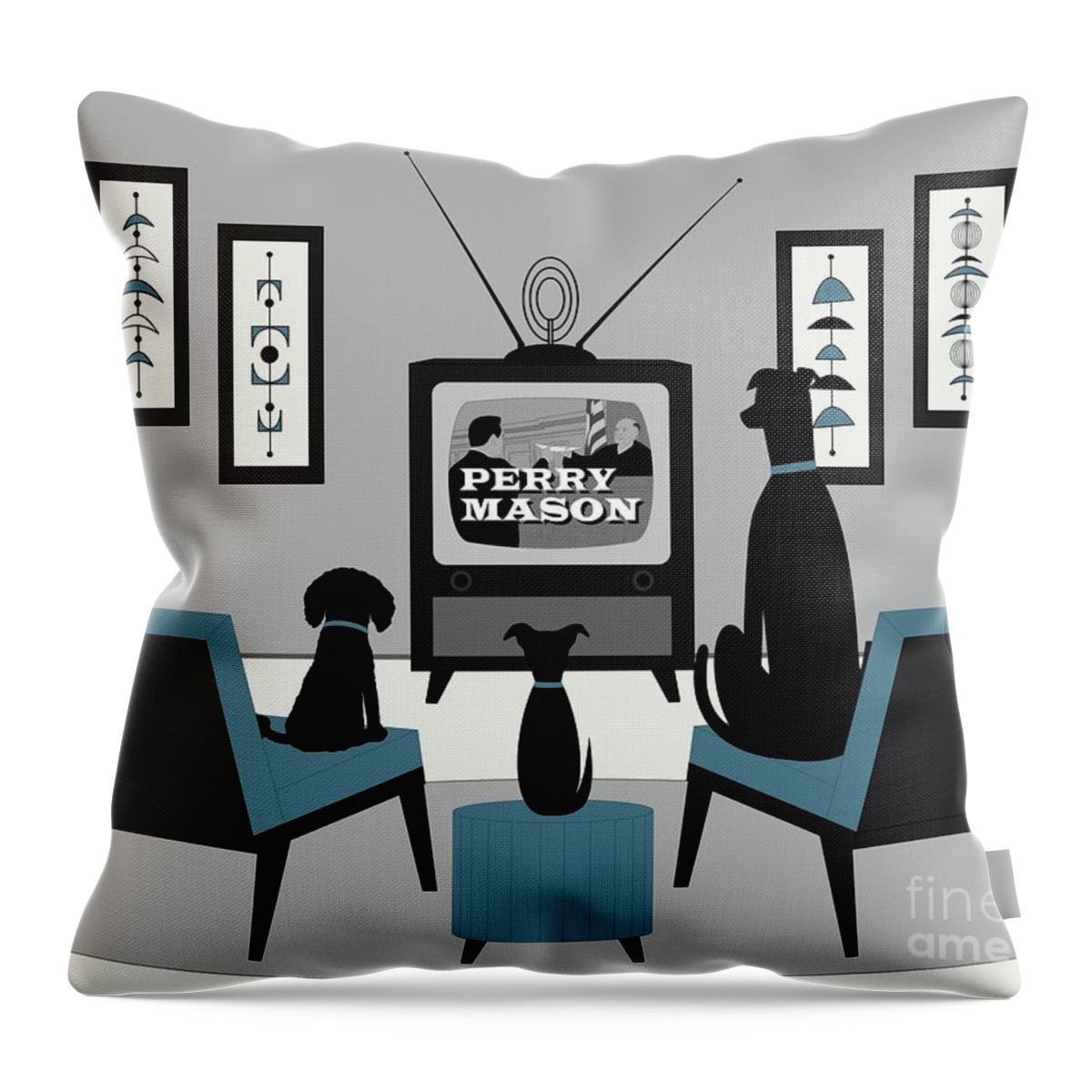 Black Dogs Throw Pillow featuring the digital art Mid Century Dogs Watch Perry Mason by Donna Mibus