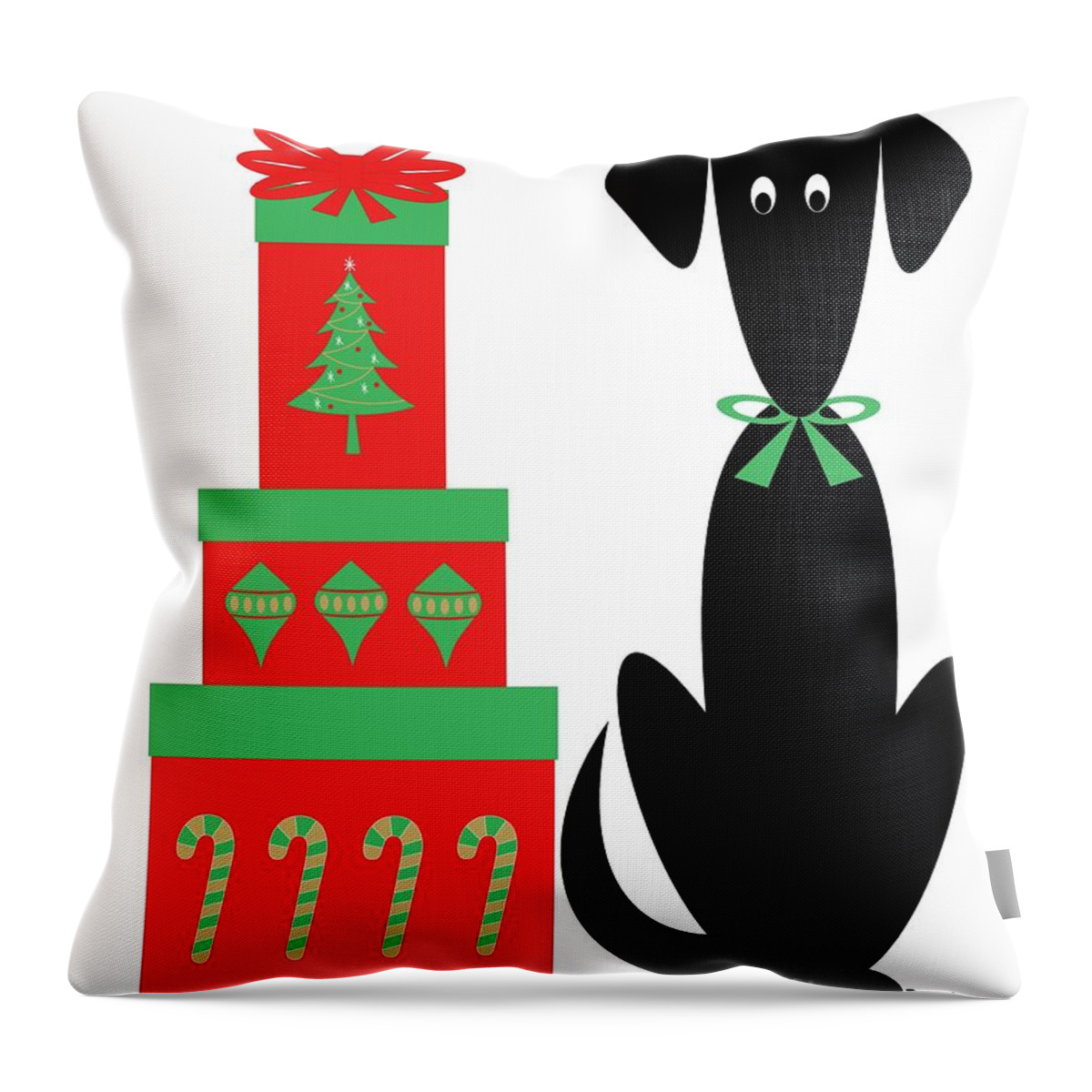 Mid Century Modern Throw Pillow featuring the digital art Mid Century Holiday Dog with Presents by Donna Mibus