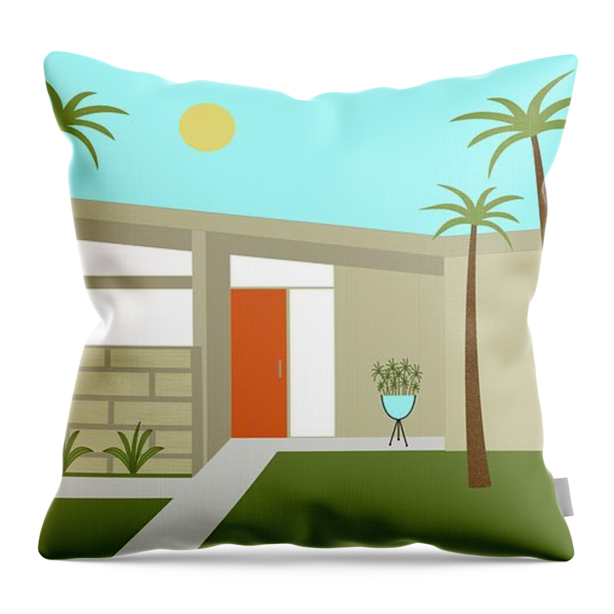 Mcm Throw Pillow featuring the digital art Mid Century Modern House in Tan by Donna Mibus