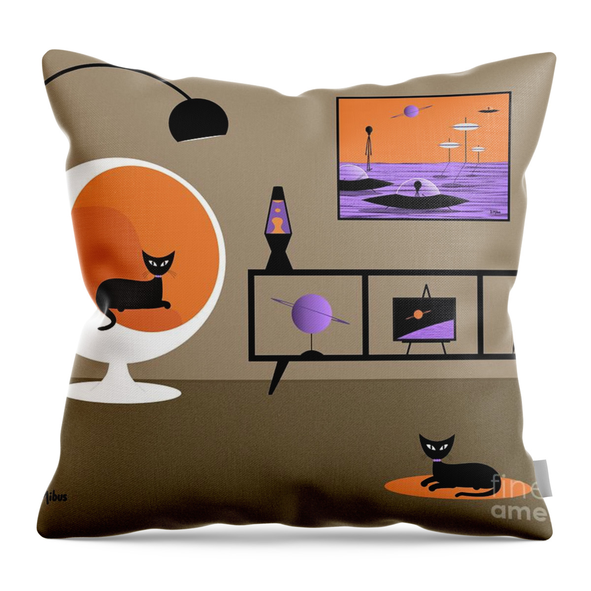 Mid Century Modern Throw Pillow featuring the digital art Mid Century Outer Space Room with Black Cats by Donna Mibus