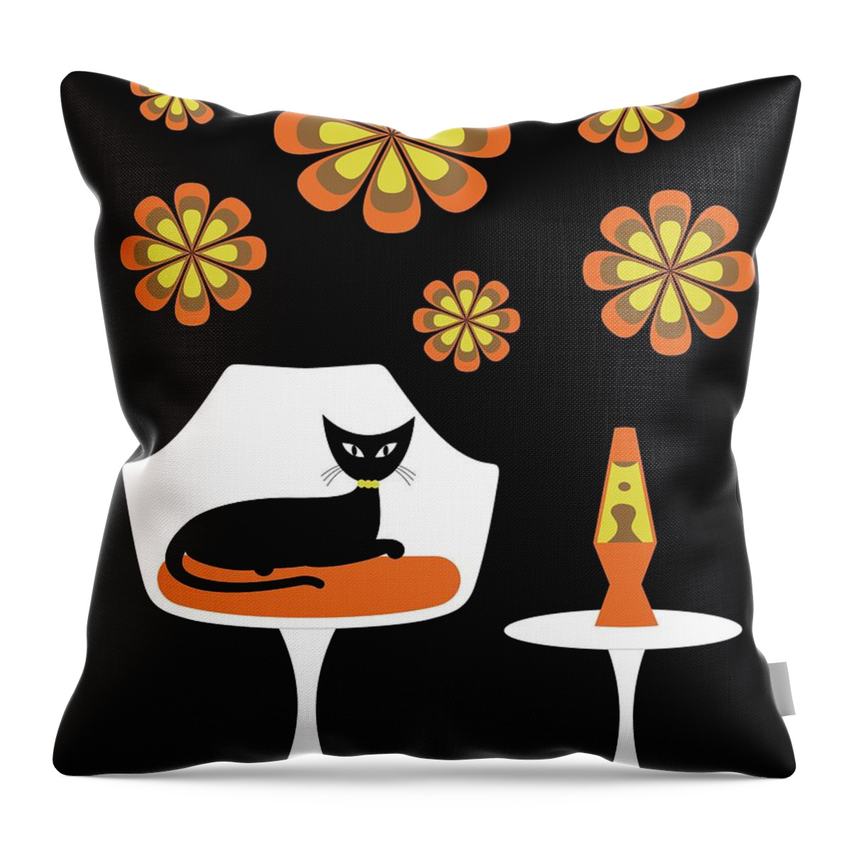 Mid Century Cat Throw Pillow featuring the digital art Mid Century Tulip Chair with Orange Mod Flowers by Donna Mibus