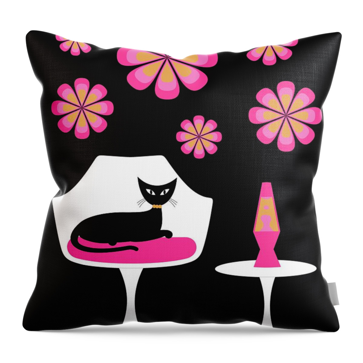 Mid Century Cat Throw Pillow featuring the digital art Mid Century Tulip Chair with Pink Mod Flowers by Donna Mibus