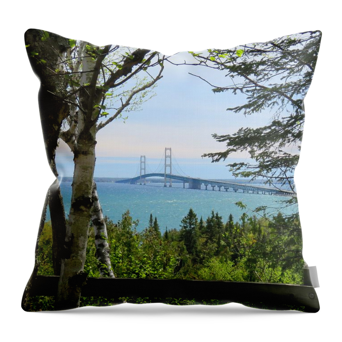 Mackinac Bridge Throw Pillow featuring the photograph Mighty Mac From Straits State Park by Keith Stokes