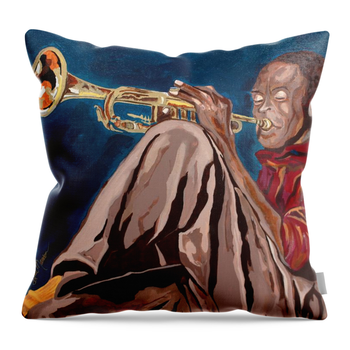  Throw Pillow featuring the painting Miles Davis-Backstage by Bill Manson