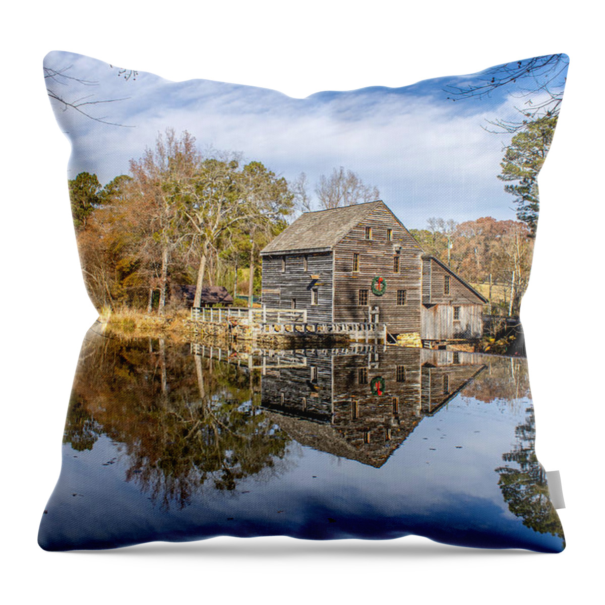 Reflection Throw Pillow featuring the photograph Mill holiday reflection by Rick Nelson