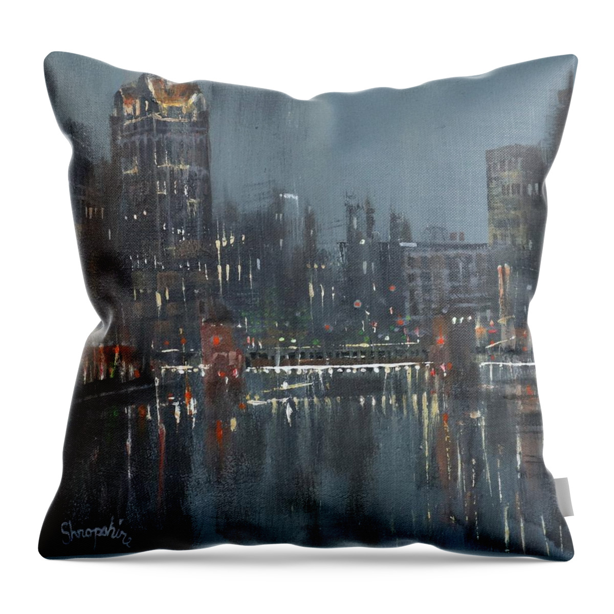 Milwaukee Throw Pillow featuring the painting Milwaukee Riverwalk by Tom Shropshire