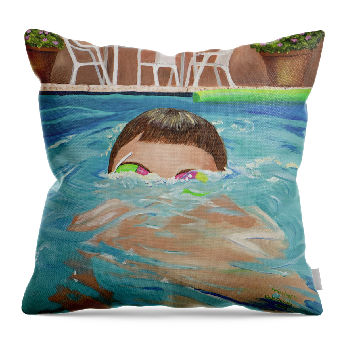 Children Throw Pillow featuring the painting Mischief by Linda Queally