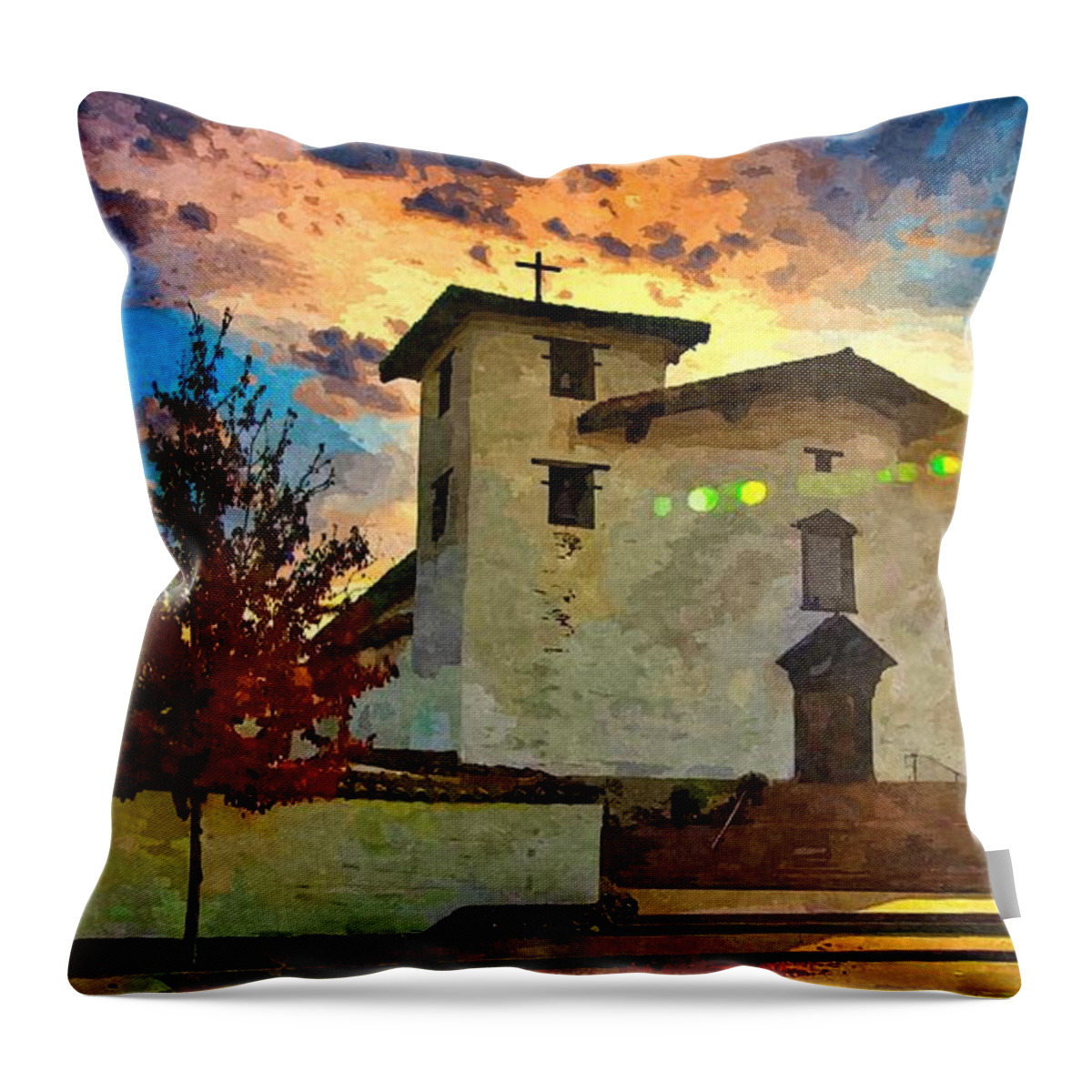 Mission San Jose Throw Pillow featuring the digital art Mission San Jose in Fremont, California - watercolor painting by Nicko Prints