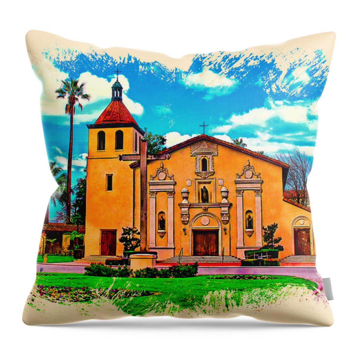 Mission Santa Clara Throw Pillow featuring the digital art Mission Santa Clara de Asis, watercolor painting by Nicko Prints