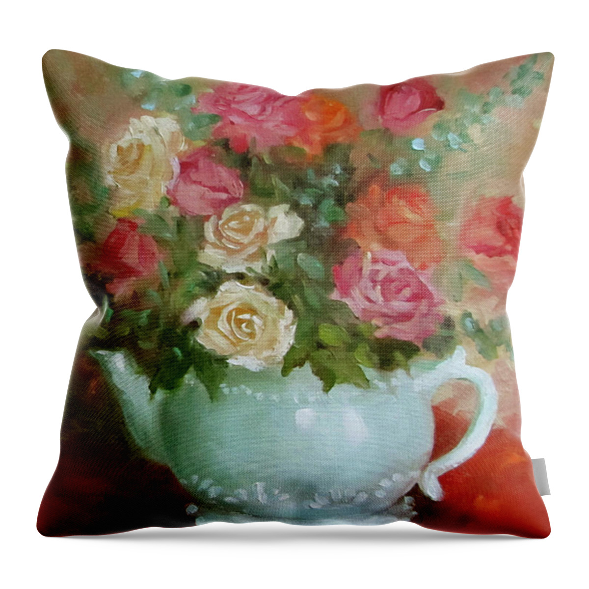 Red Roses Throw Pillow featuring the painting Mixed Rose Bouquet in Turquoise Vase by Cheri Wollenberg