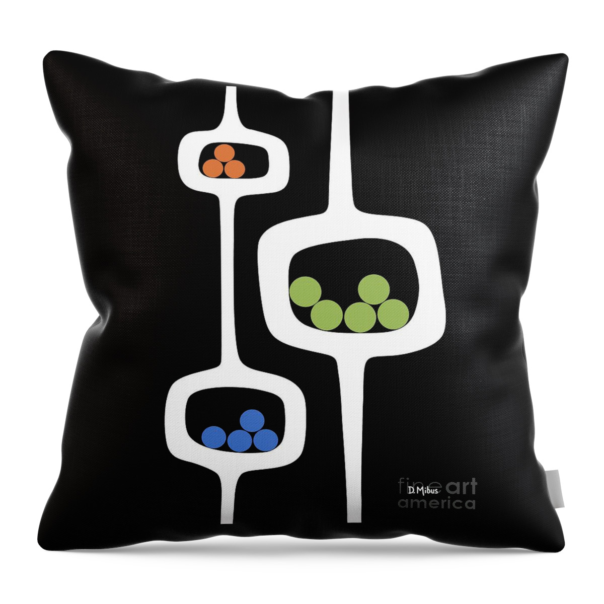 Mid Century Pods Throw Pillow featuring the digital art Mod Pod 3 with Circles on Black by Donna Mibus