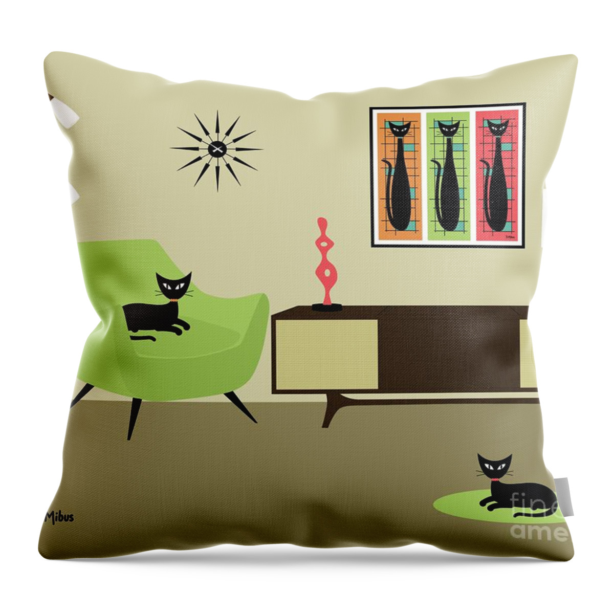 Mondrian Throw Pillow featuring the digital art Mondrian Style Black Cats by Donna Mibus