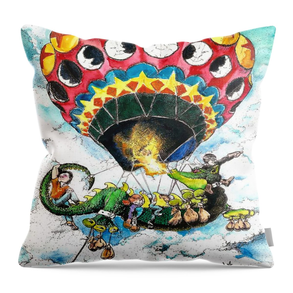 Pen And Ink Throw Pillow featuring the painting Montgolfiere Dragon by Merana Cadorette