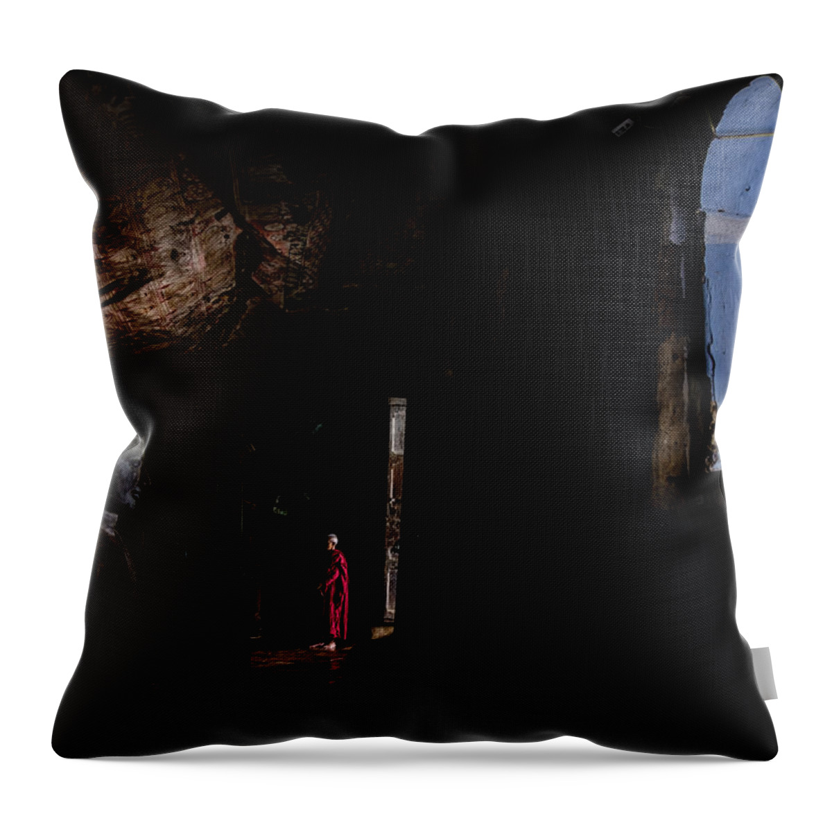 Cave Throw Pillow featuring the photograph Monk at Dambulla Cave Temple by Arj Munoz