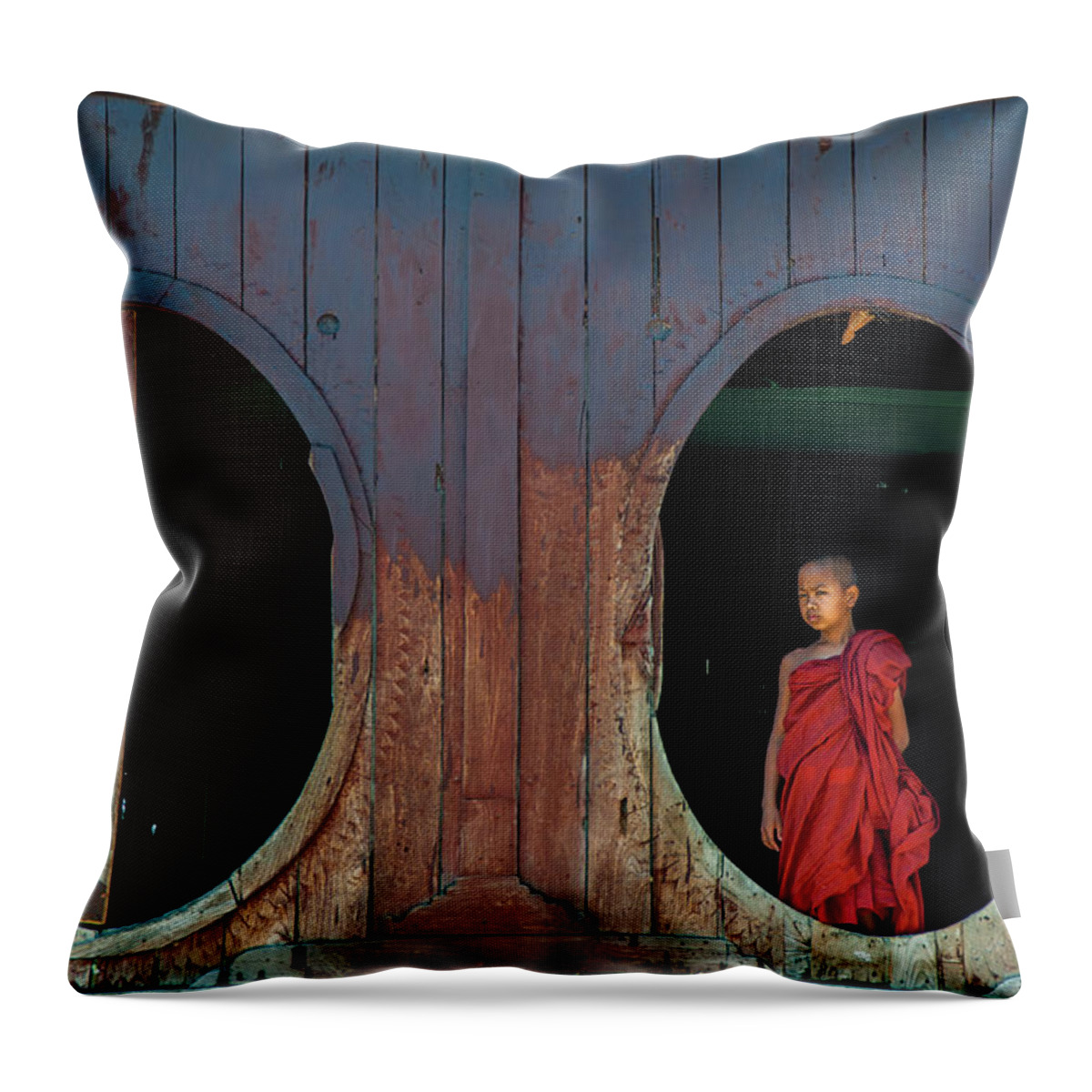 Monk Throw Pillow featuring the photograph Monk at Shwe Yan Pyay Monastery by Arj Munoz