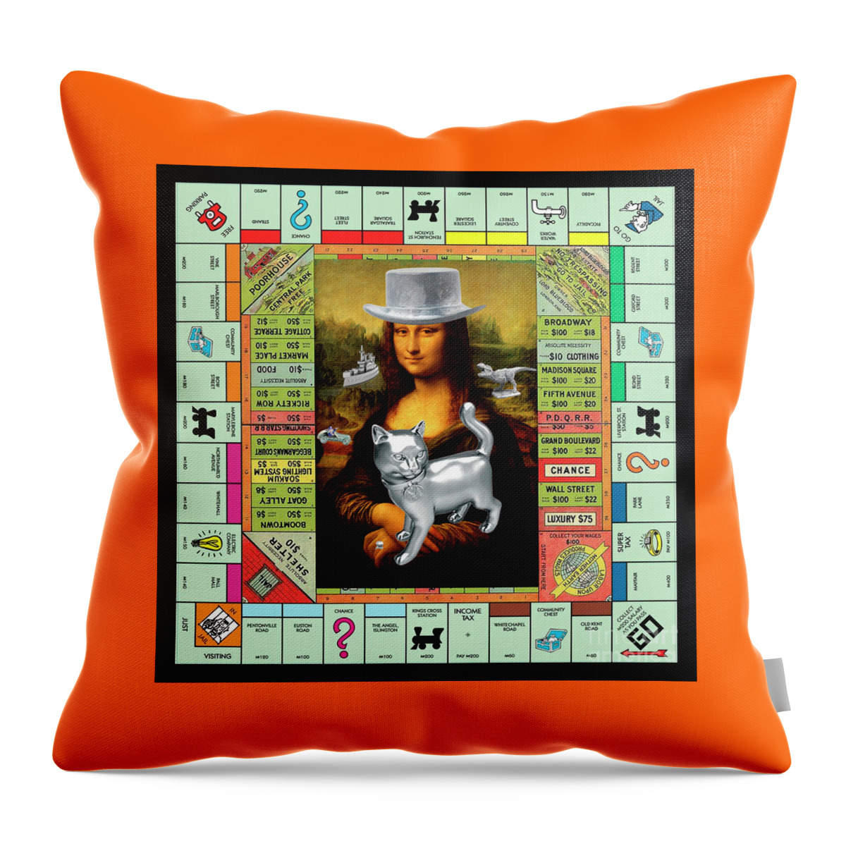 Mona Lisa Throw Pillow featuring the mixed media Monopolisa - Mixed Media Pop Art Collage of Mona Lisa on Old Monopoly Gameboard by Steven Shaver