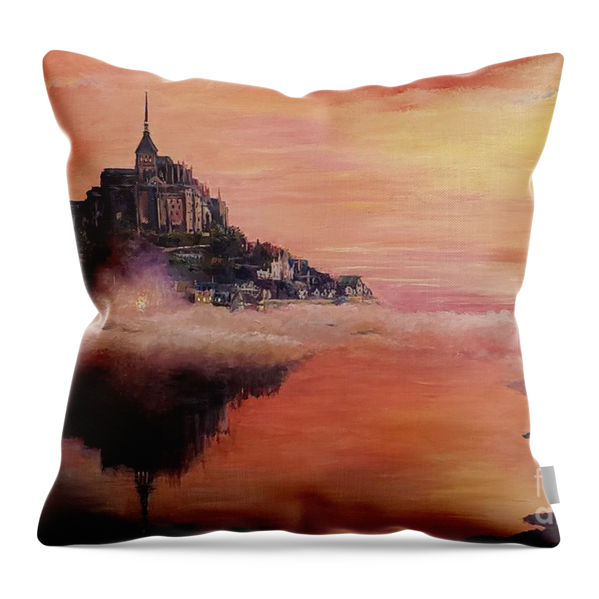 Sunset Throw Pillow featuring the painting Mont St. Michel by Merana Cadorette